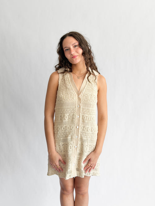 Claire Cream Crochet Lace Sleeveless Collared Mini Dress