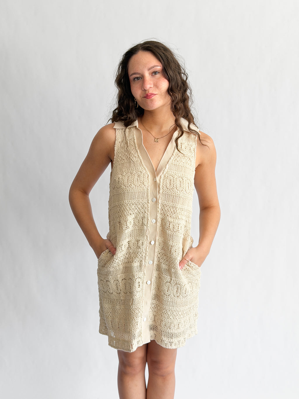 Claire Cream Crochet Lace Sleeveless Collared Mini Dress