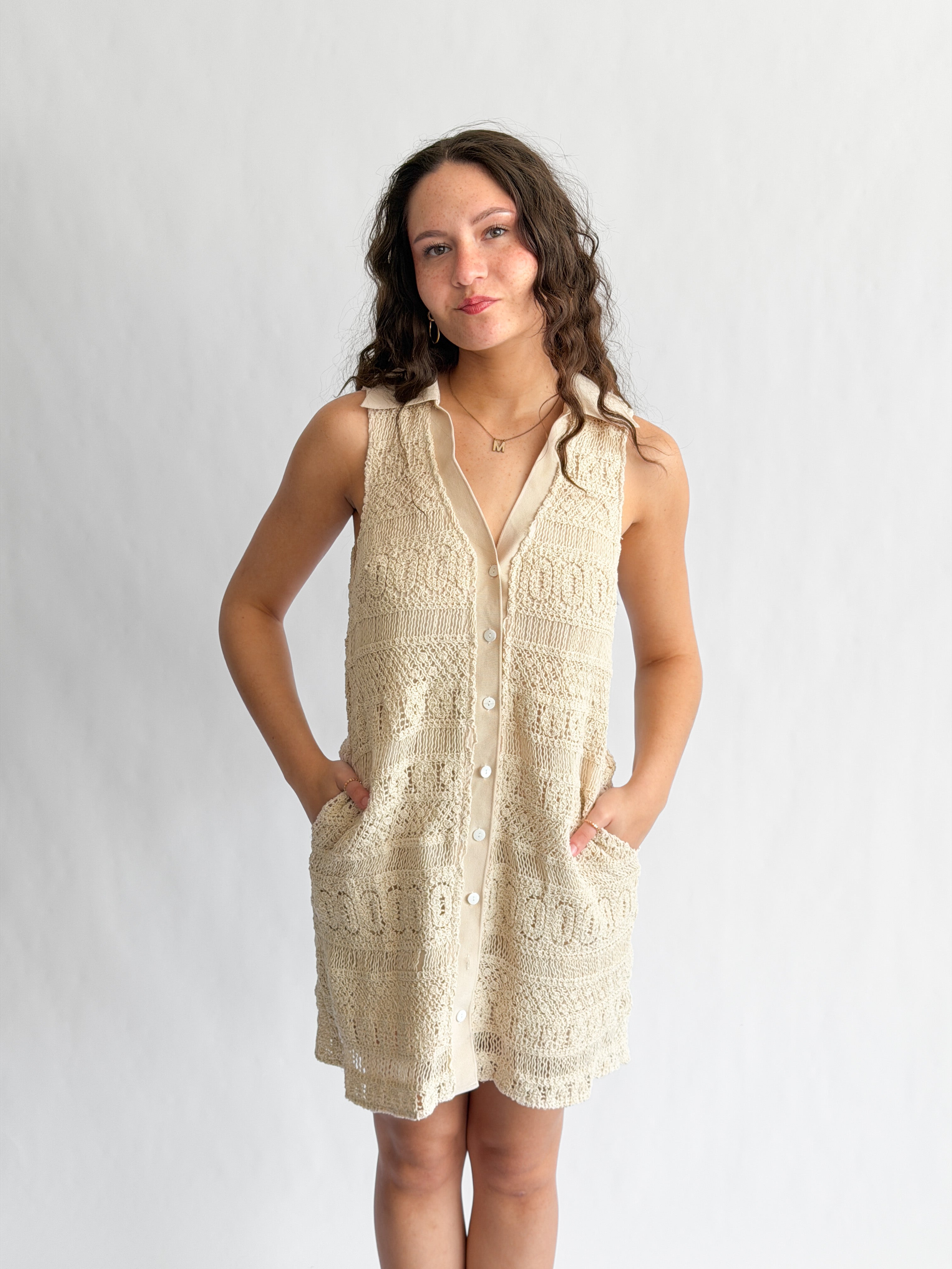 Claire Cream Crochet Lace Sleeveless Collared Mini Dress
