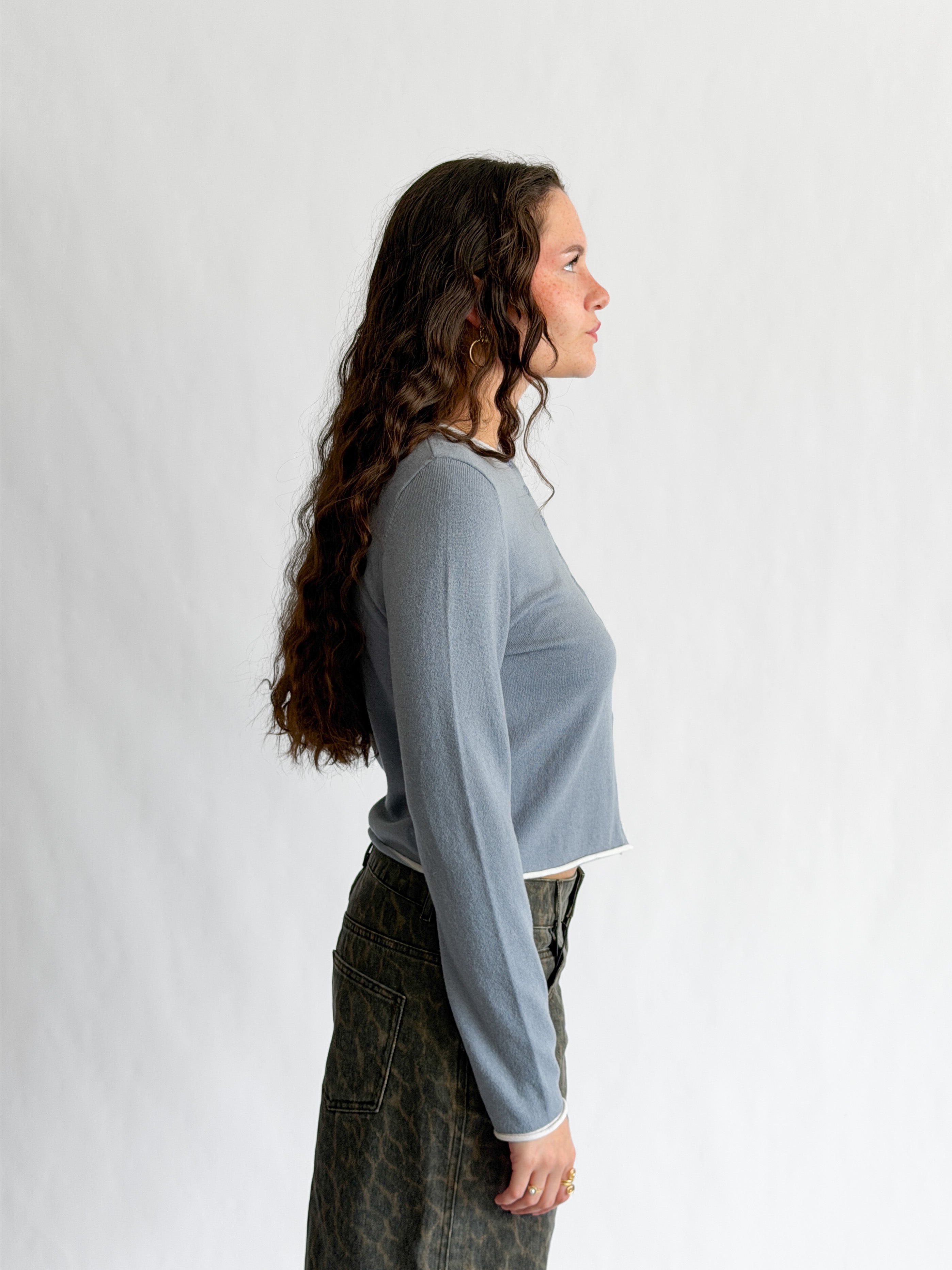 Carter Slate Blue Buttoned Cardigan Long Sleeve Top