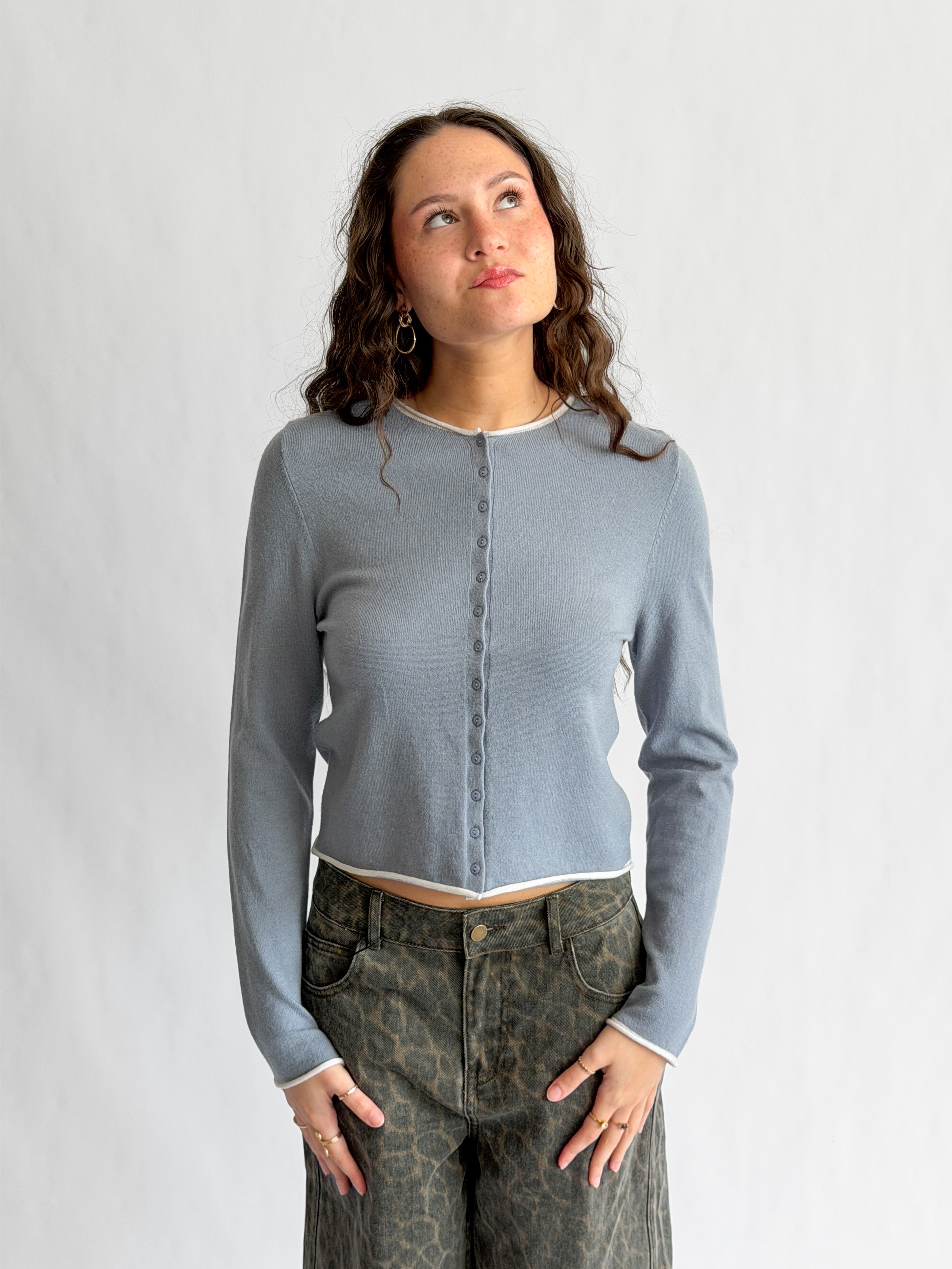 Carter Slate Blue Buttoned Cardigan Long Sleeve Top