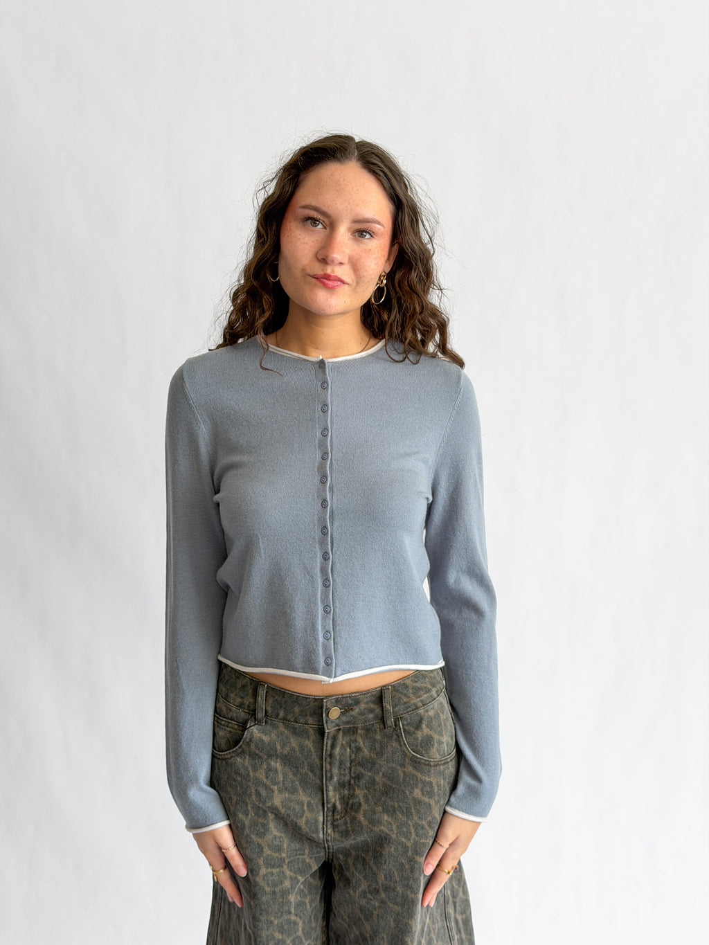 Carter Slate Blue Buttoned Cardigan Long Sleeve Top