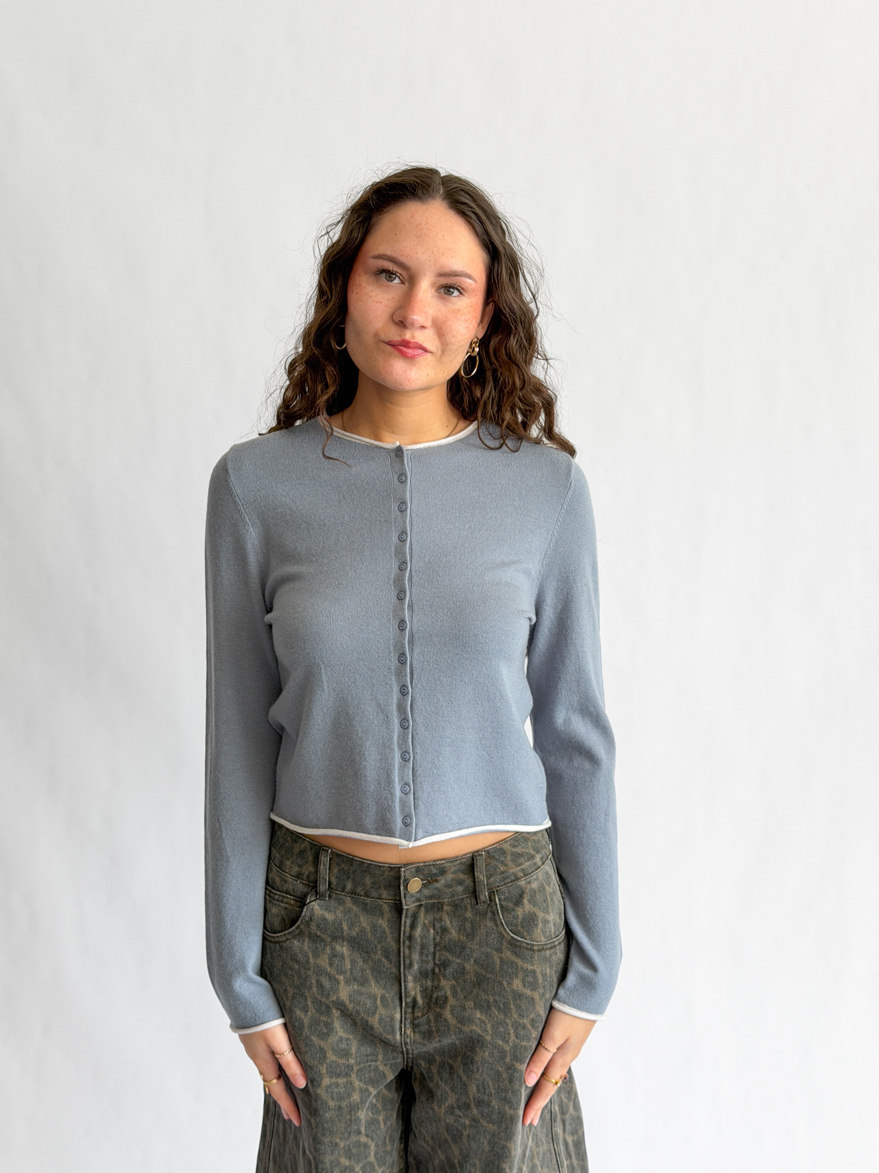 Carter Slate Blue Buttoned Cardigan Long Sleeve Top