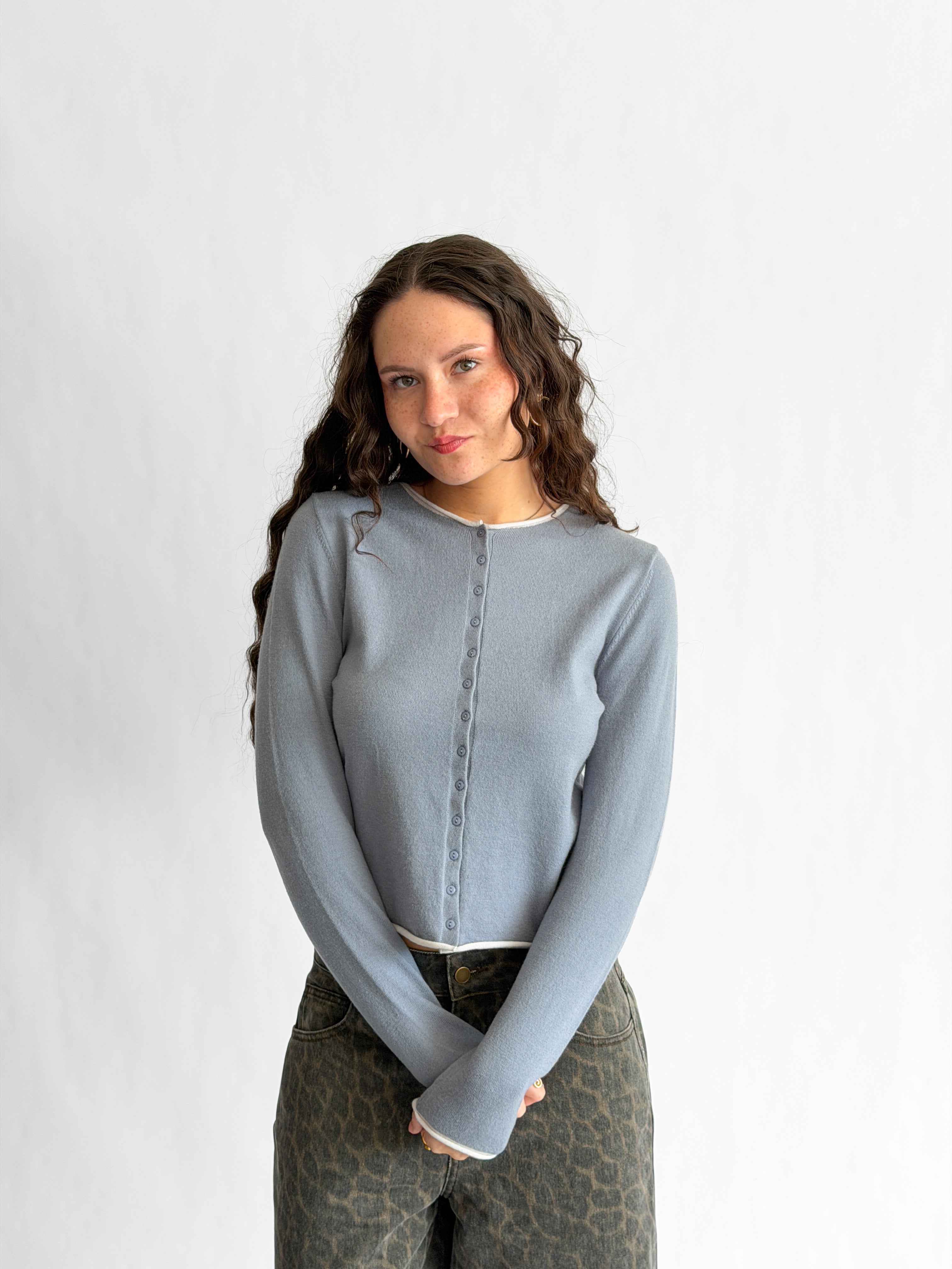 Carter Slate Blue Buttoned Cardigan Long Sleeve Top