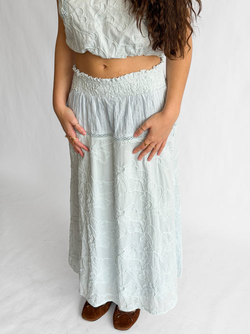 Winifred Blue Floral Embroidery Cotton Midi Skirt