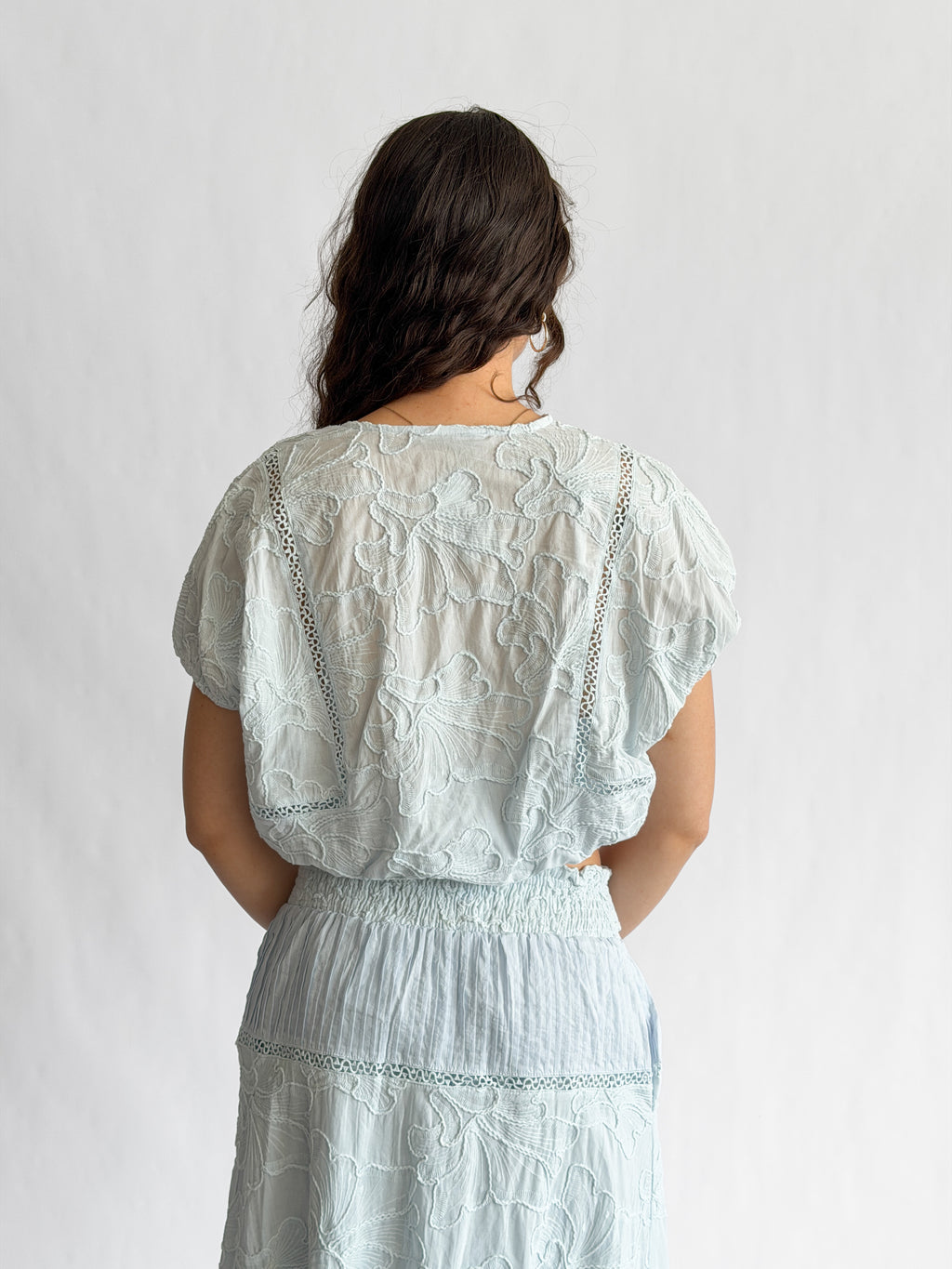 Winifred Blue Floral Embroidery Cropped Cotton Top