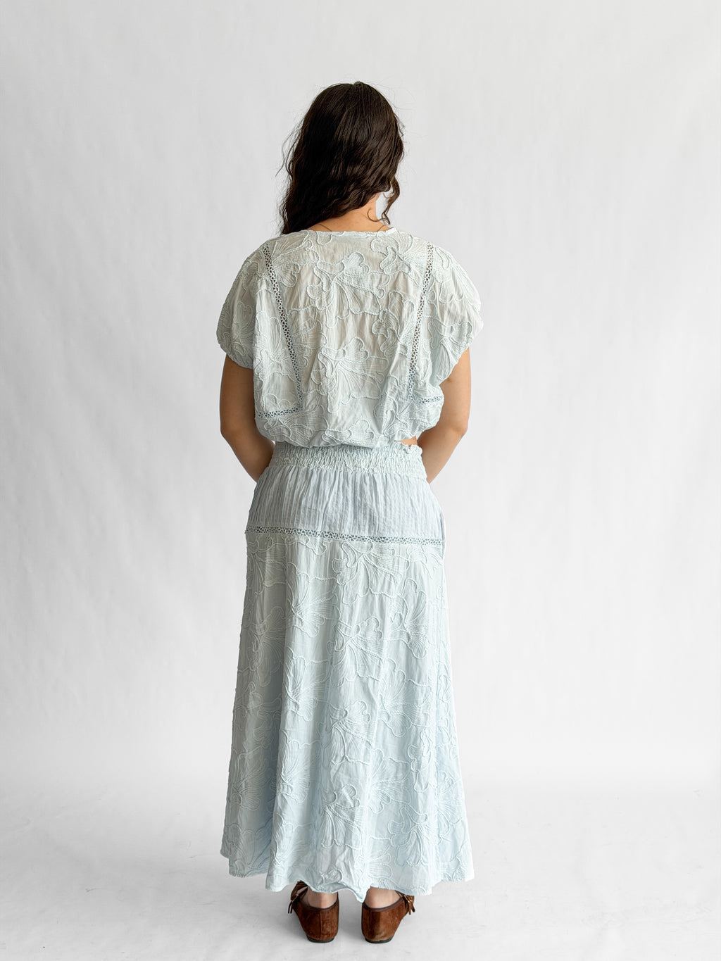 Winifred Blue Floral Embroidery Cotton Midi Skirt