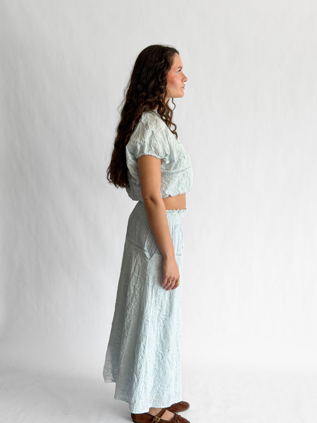 Winifred Blue Floral Embroidery Cotton Midi Skirt