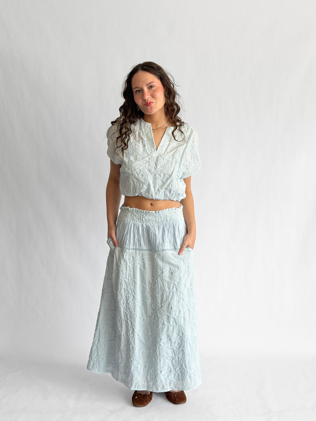 Winifred Blue Floral Embroidery Cotton Midi Skirt