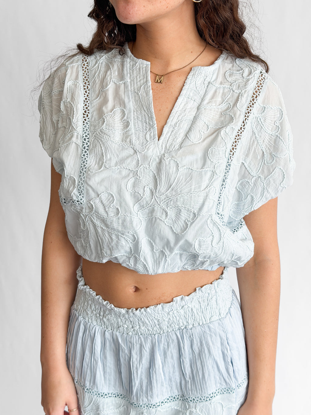 Winifred Blue Floral Embroidery Cropped Cotton Top