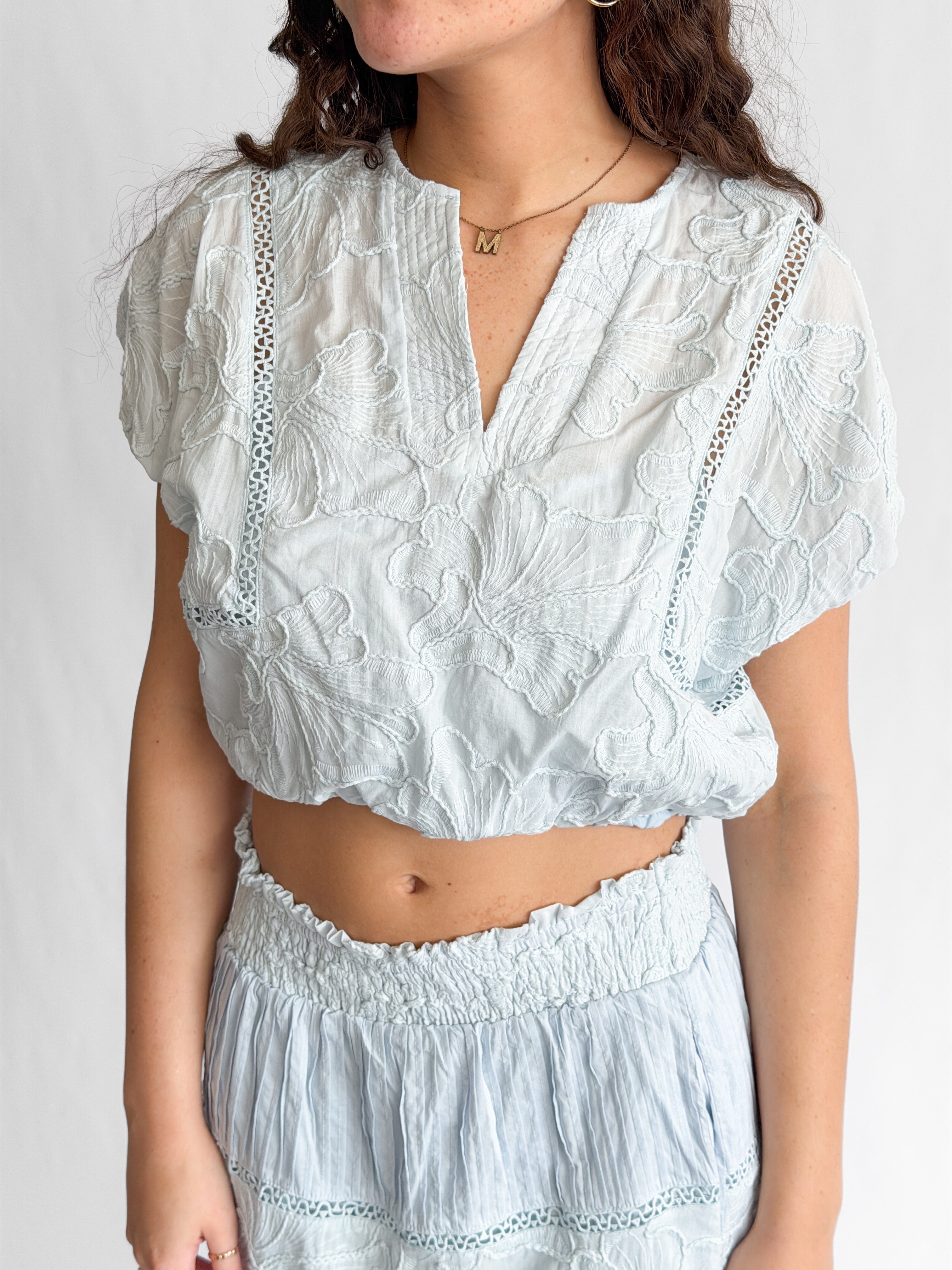 Winifred Blue Floral Embroidery Cropped Cotton Top