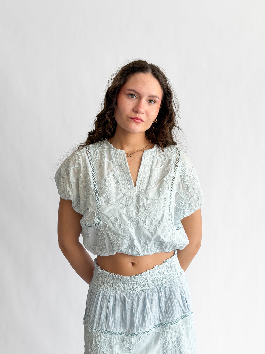 Winifred Blue Floral Embroidery Cropped Cotton Top