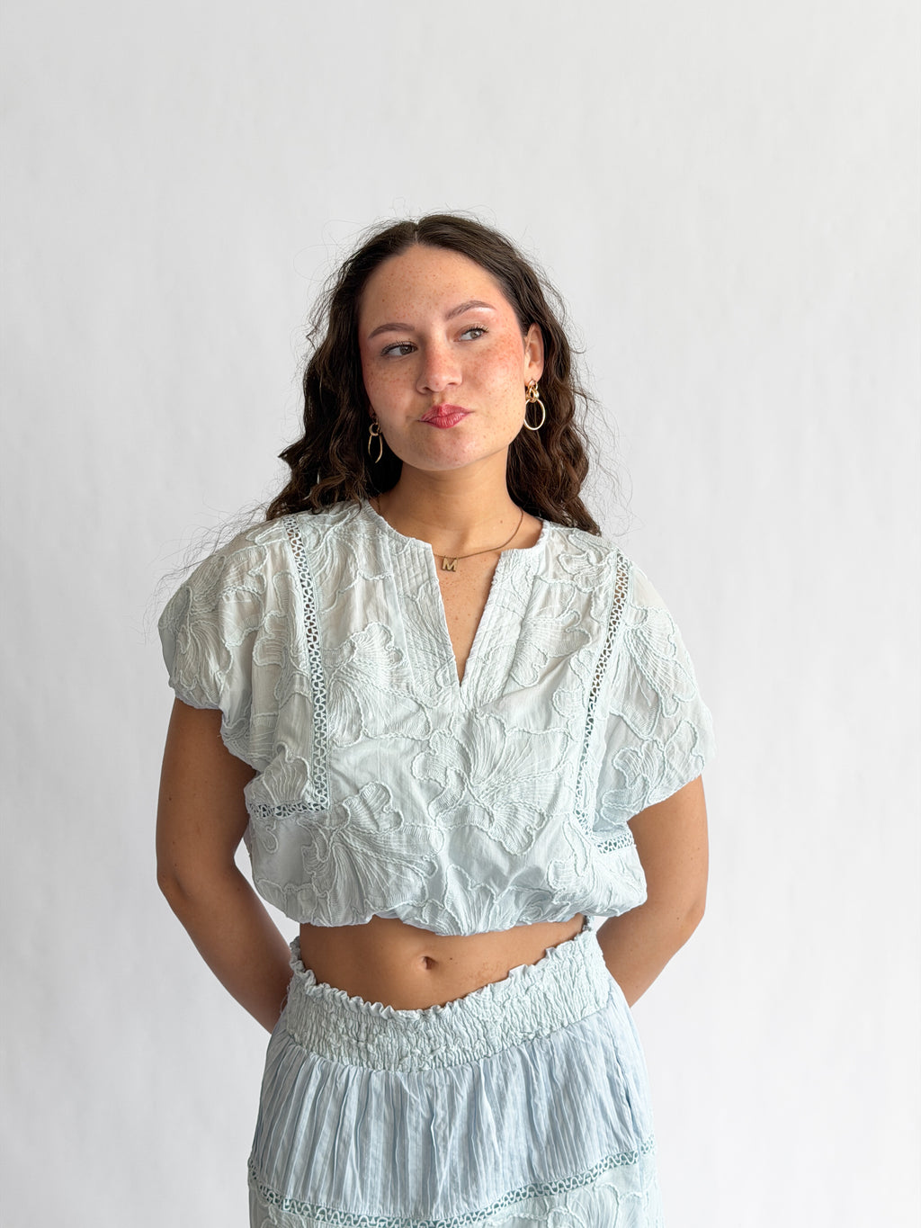 Winifred Blue Floral Embroidery Cropped Cotton Top