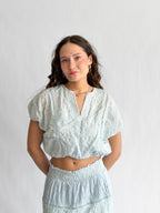 Winifred Blue Floral Embroidery Cropped Cotton Top