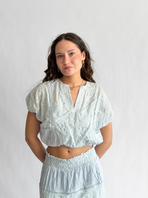 Winifred Blue Floral Embroidery Cropped Cotton Top