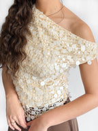 Lucy Paris Luna Cream Sequin Overlay Off the Shoulder Top