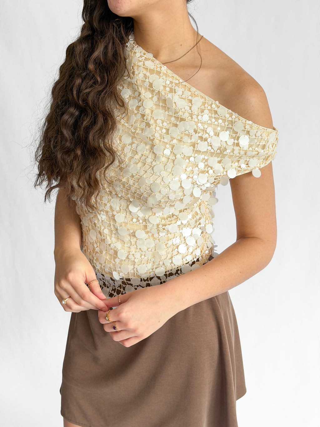 Lucy Paris Luna Cream Sequin Overlay Off the Shoulder Top