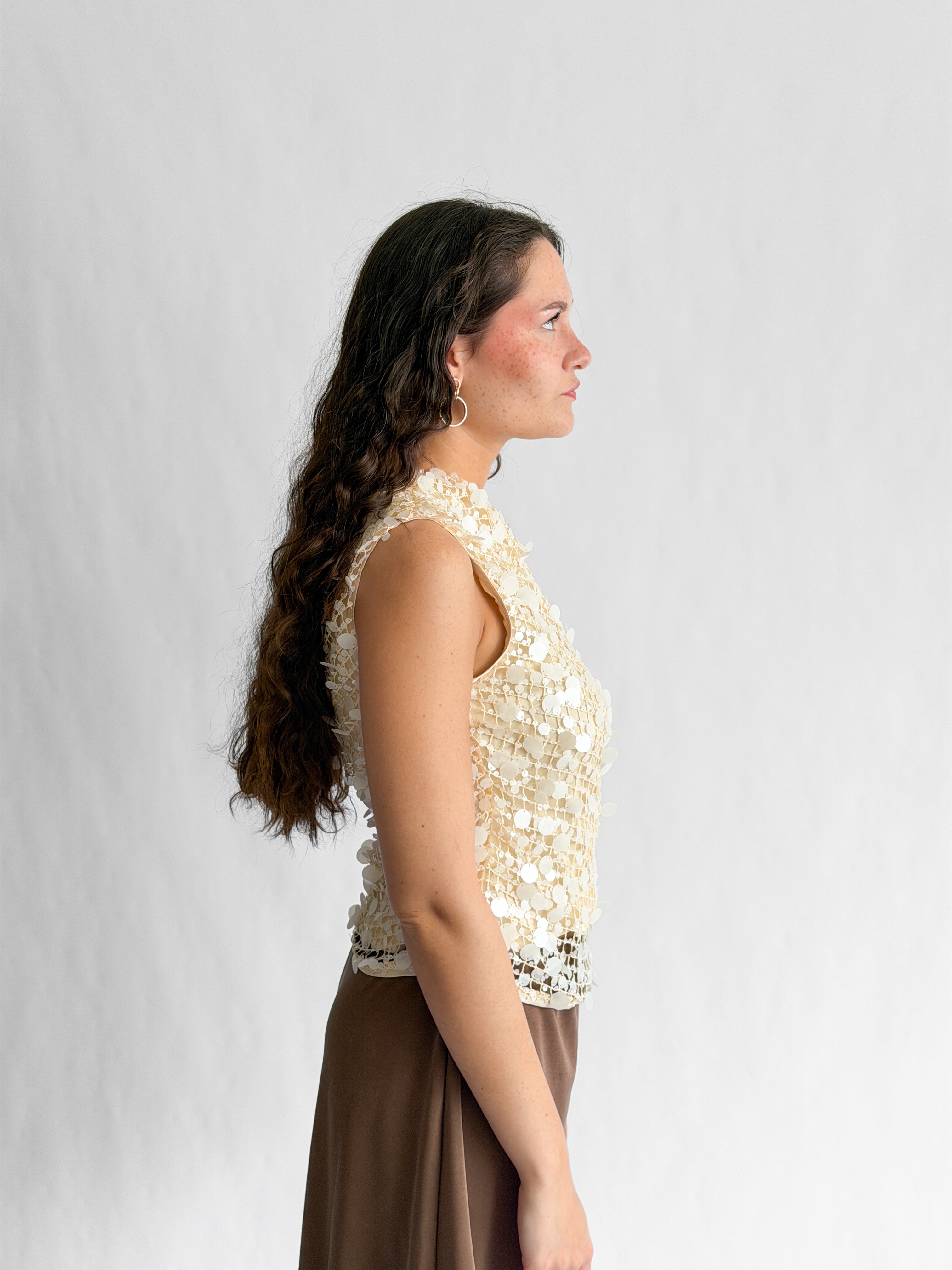 Lucy Paris Luna Cream Sequin Overlay Off the Shoulder Top
