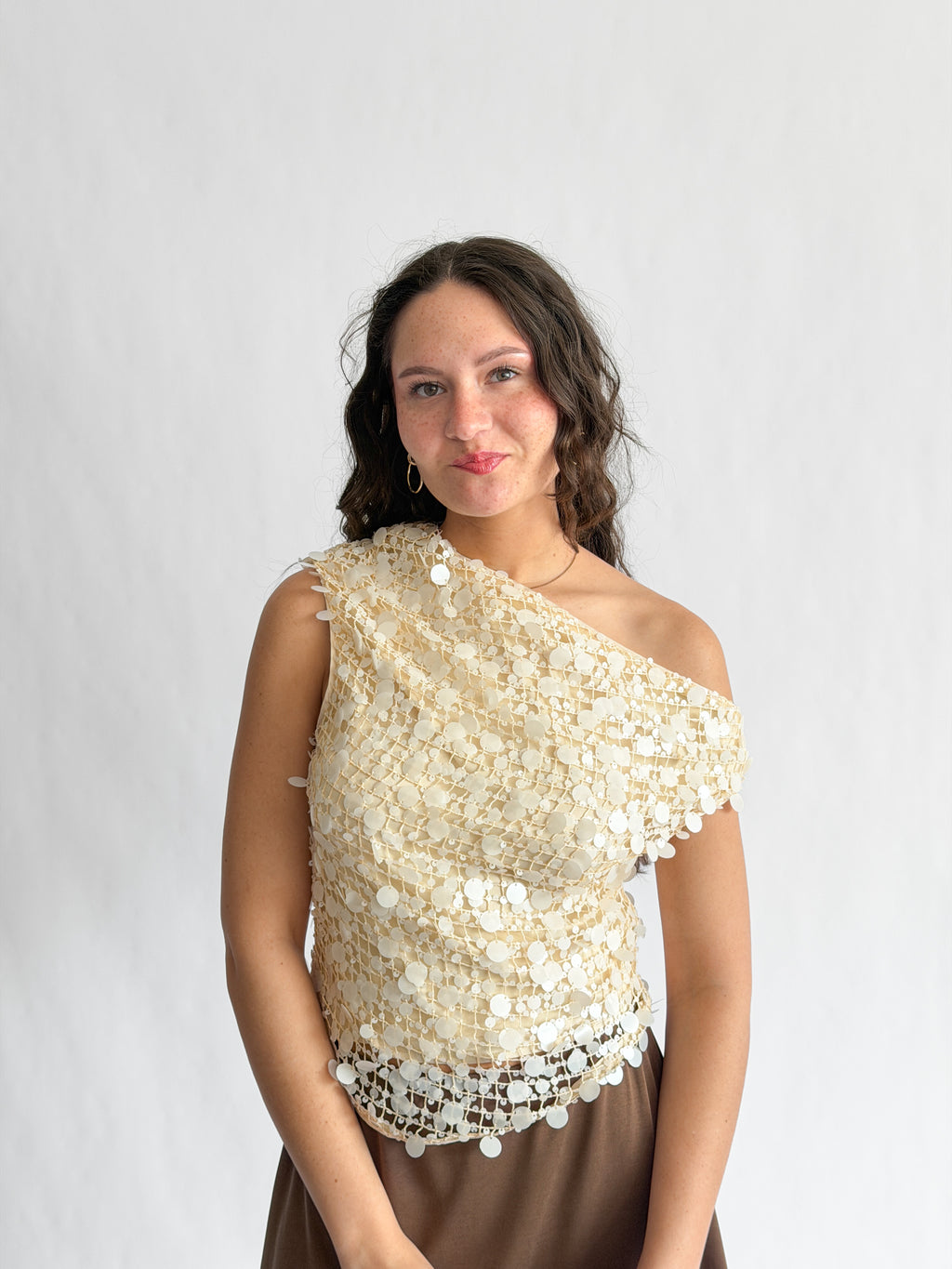Lucy Paris Luna Cream Sequin Overlay Off the Shoulder Top