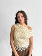 Lucy Paris Luna Cream Sequin Overlay Off the Shoulder Top