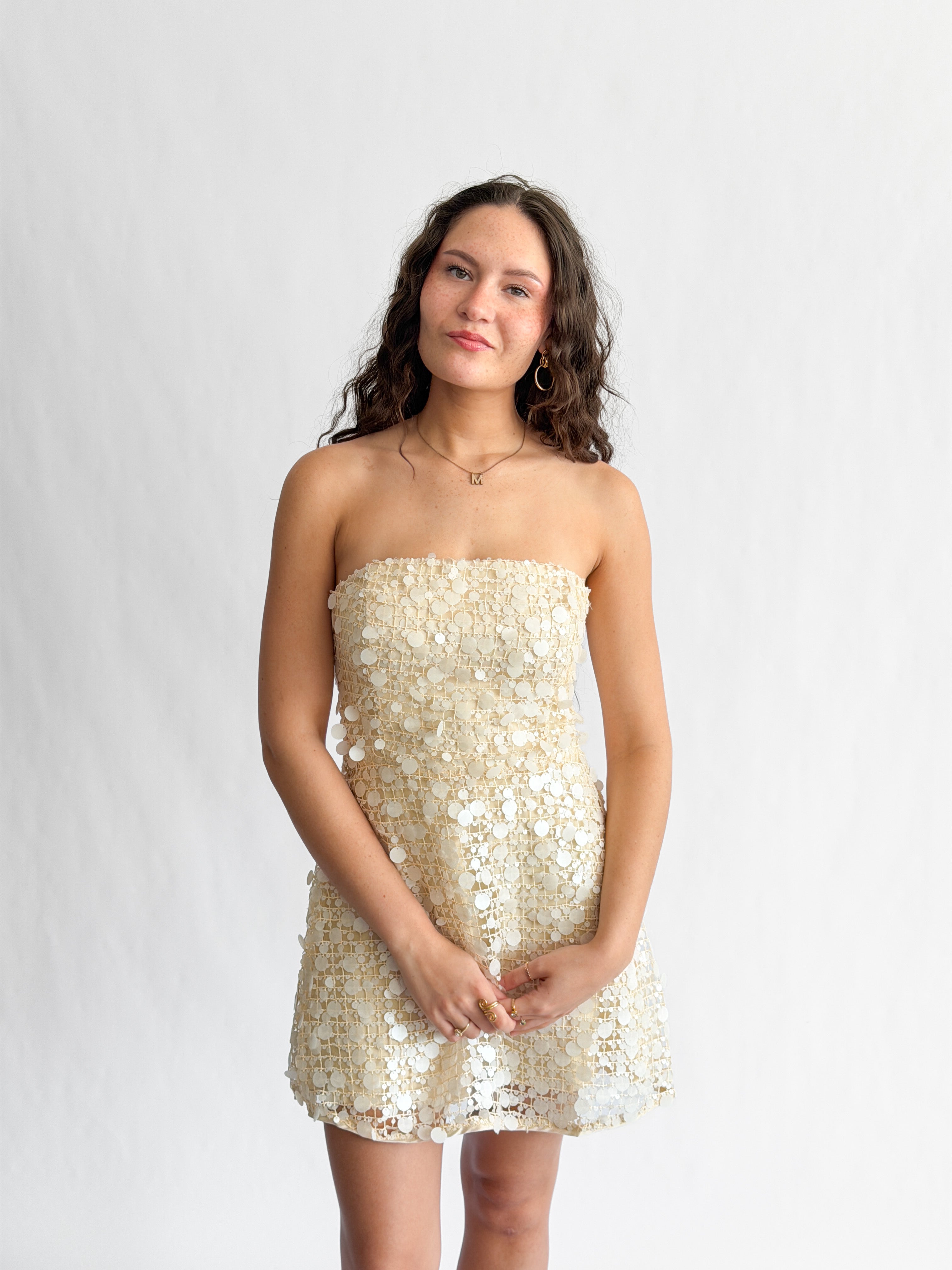 Lucy Paris Luna Cream Sequin Overlay Sleeveless Mini Dress – Momni Boutique