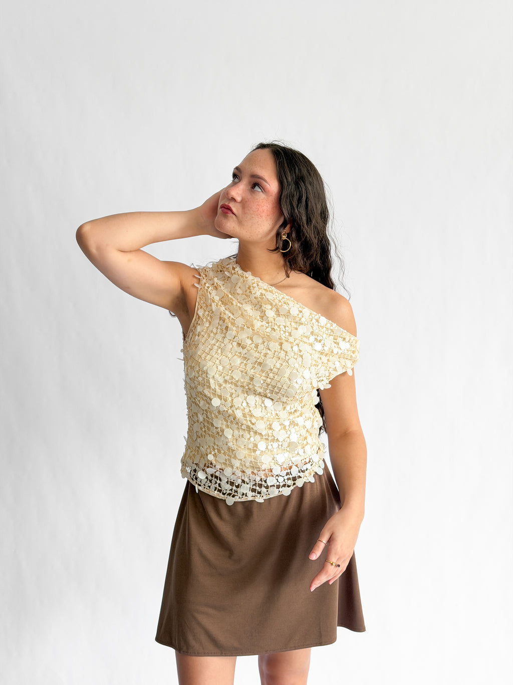 Lucy Paris Luna Cream Sequin Overlay Off the Shoulder Top