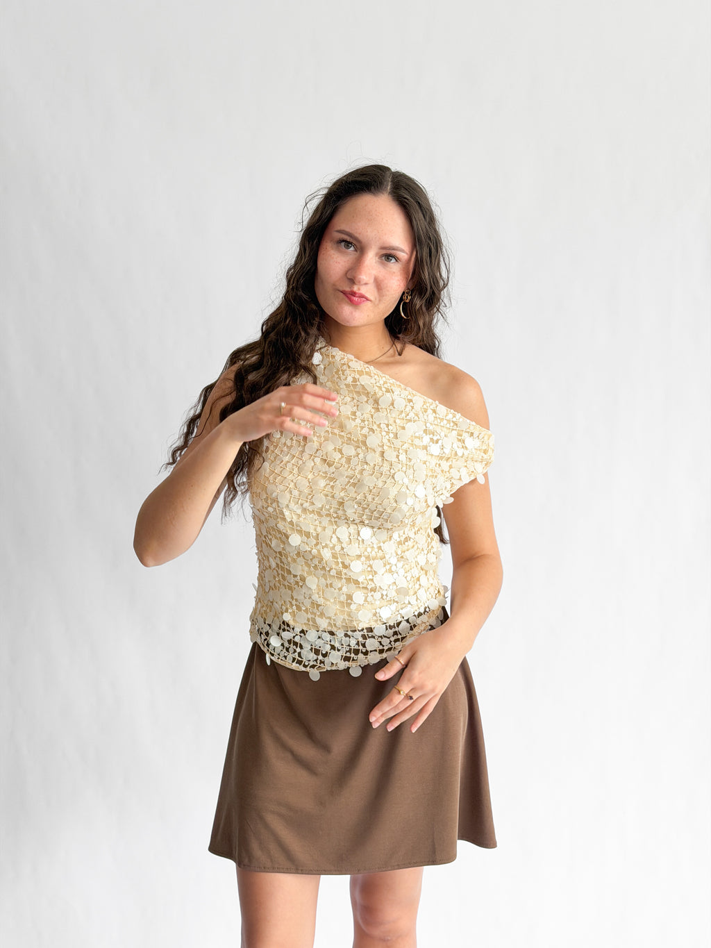 Lucy Paris Luna Cream Sequin Overlay Off the Shoulder Top