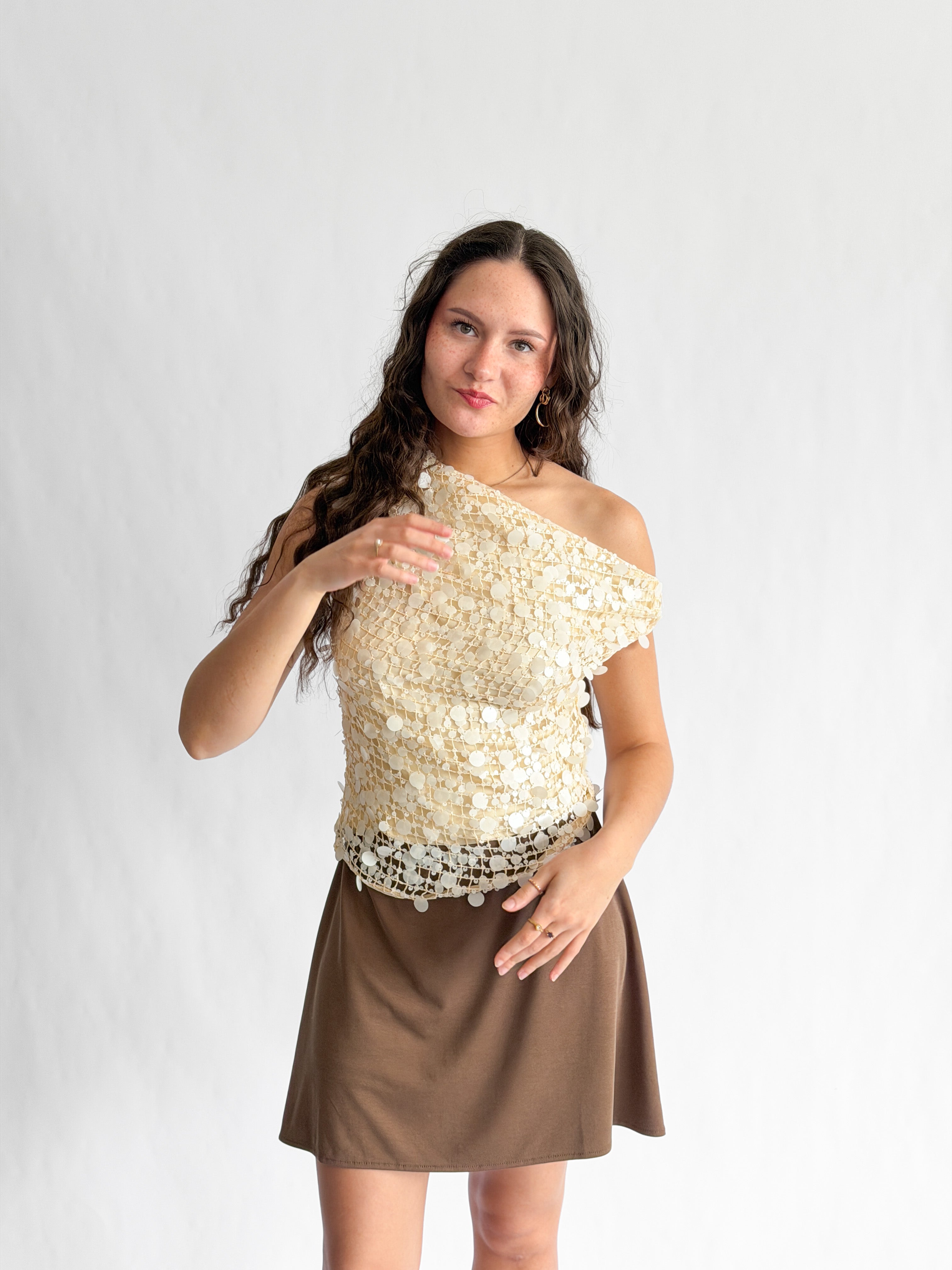Lucy Paris Luna Cream Sequin Overlay Off the Shoulder Top
