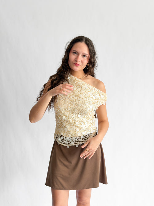 Lucy Paris Luna Cream Sequin Overlay Off the Shoulder Top