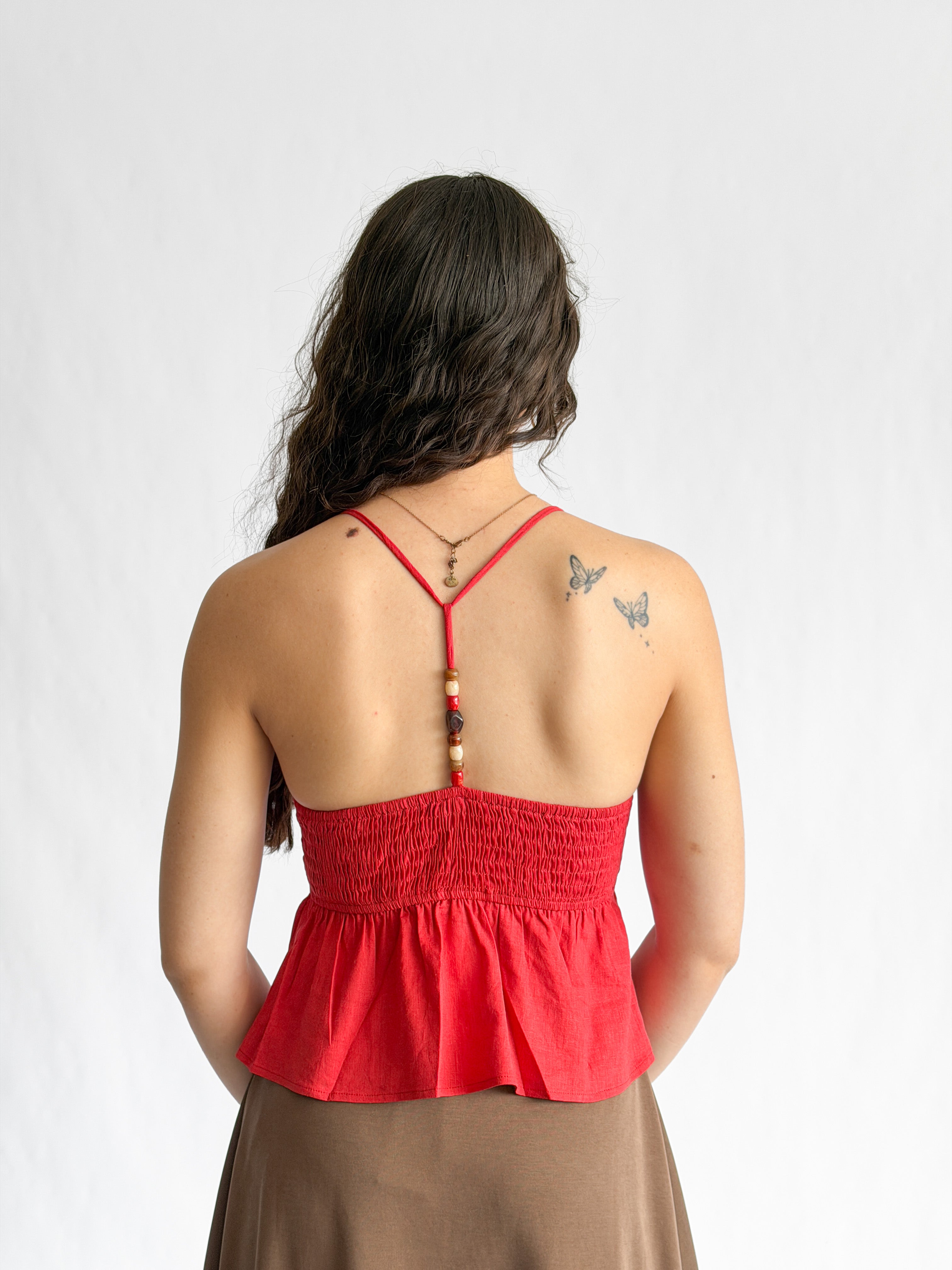 Lucy Paris Didi Red Linen Beaded Halter Top