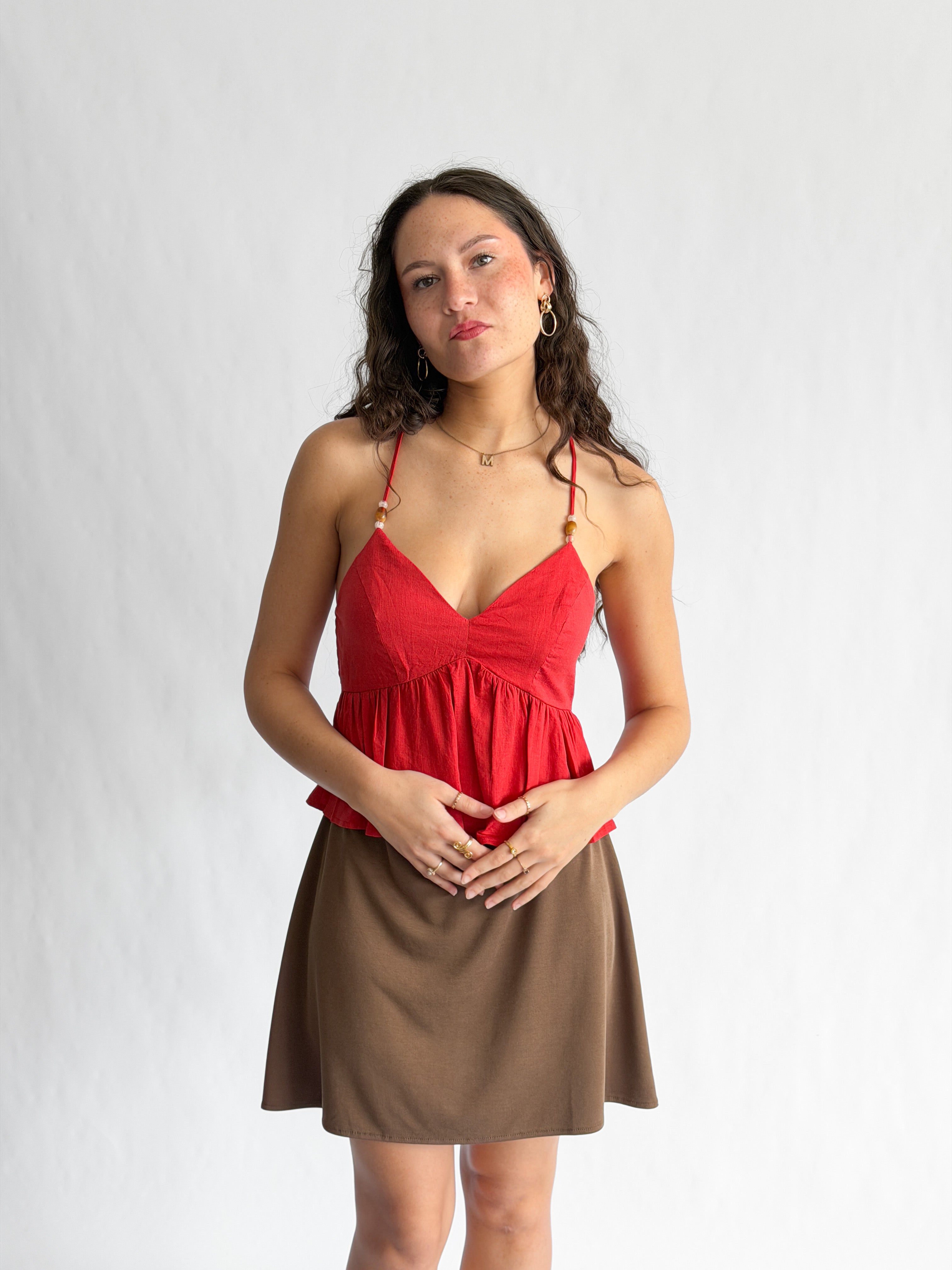 Lucy Paris Didi Red Linen Beaded Halter Top