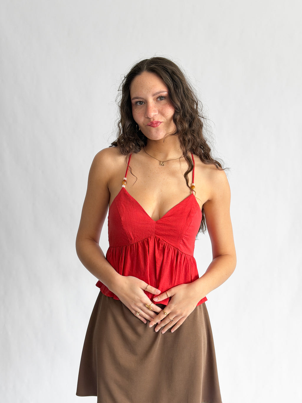 Lucy Paris Didi Red Linen Beaded Halter Top