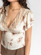 By Together Clara Cream Floral Print Satin Lace Top