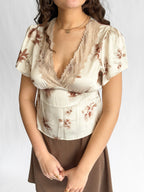 By Together Clara Cream Floral Print Satin Lace Top