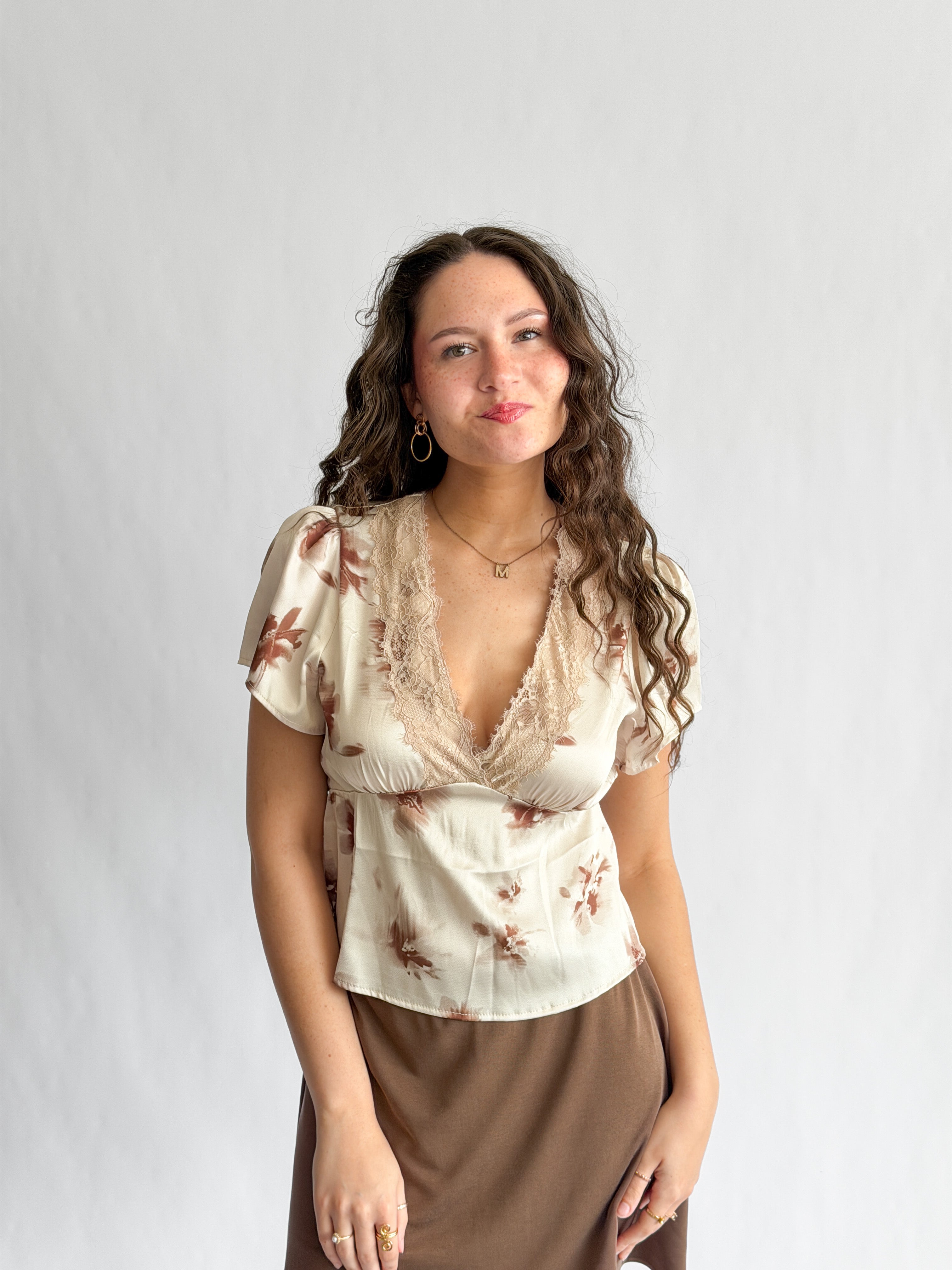 By Together Clara Cream Floral Print Satin Lace Top