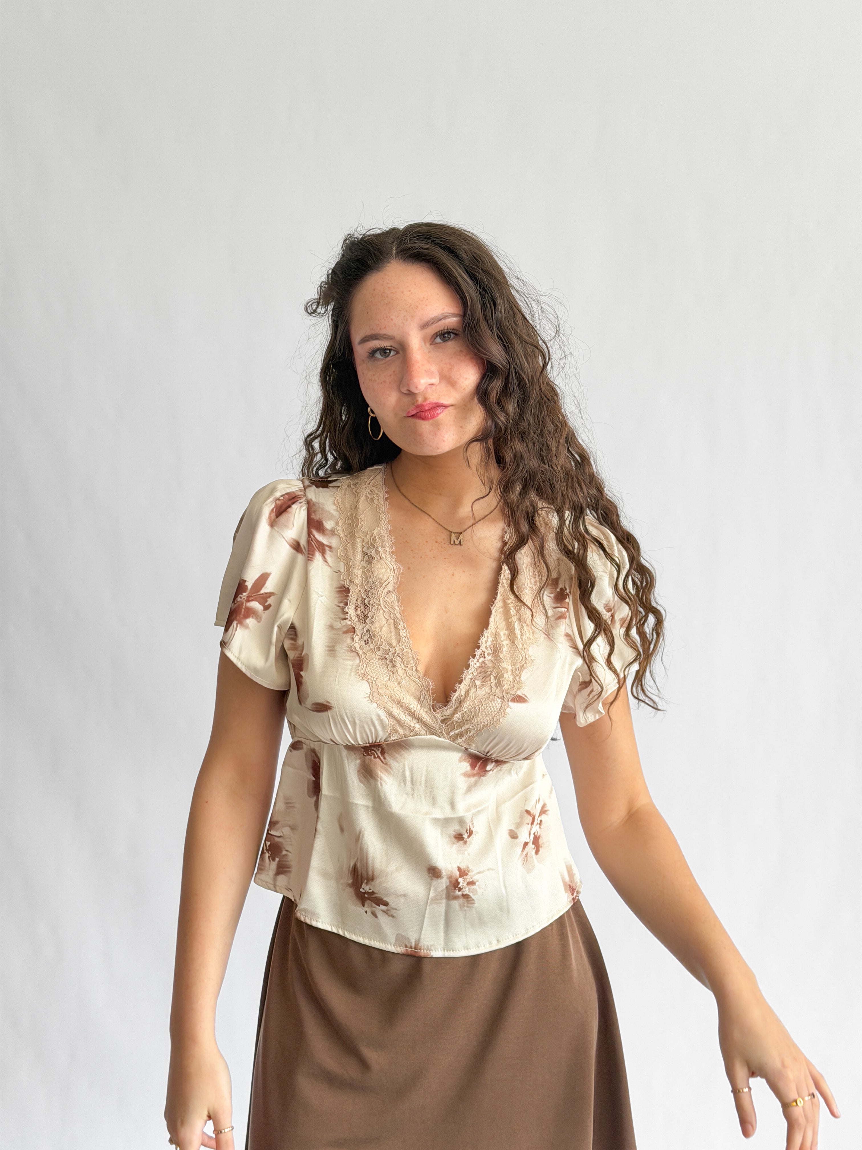 By Together Clara Cream Floral Print Satin Lace Top
