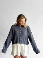 Miou Muse Wyatt Dusty Blue Woven Knit Buttoned Cardigan