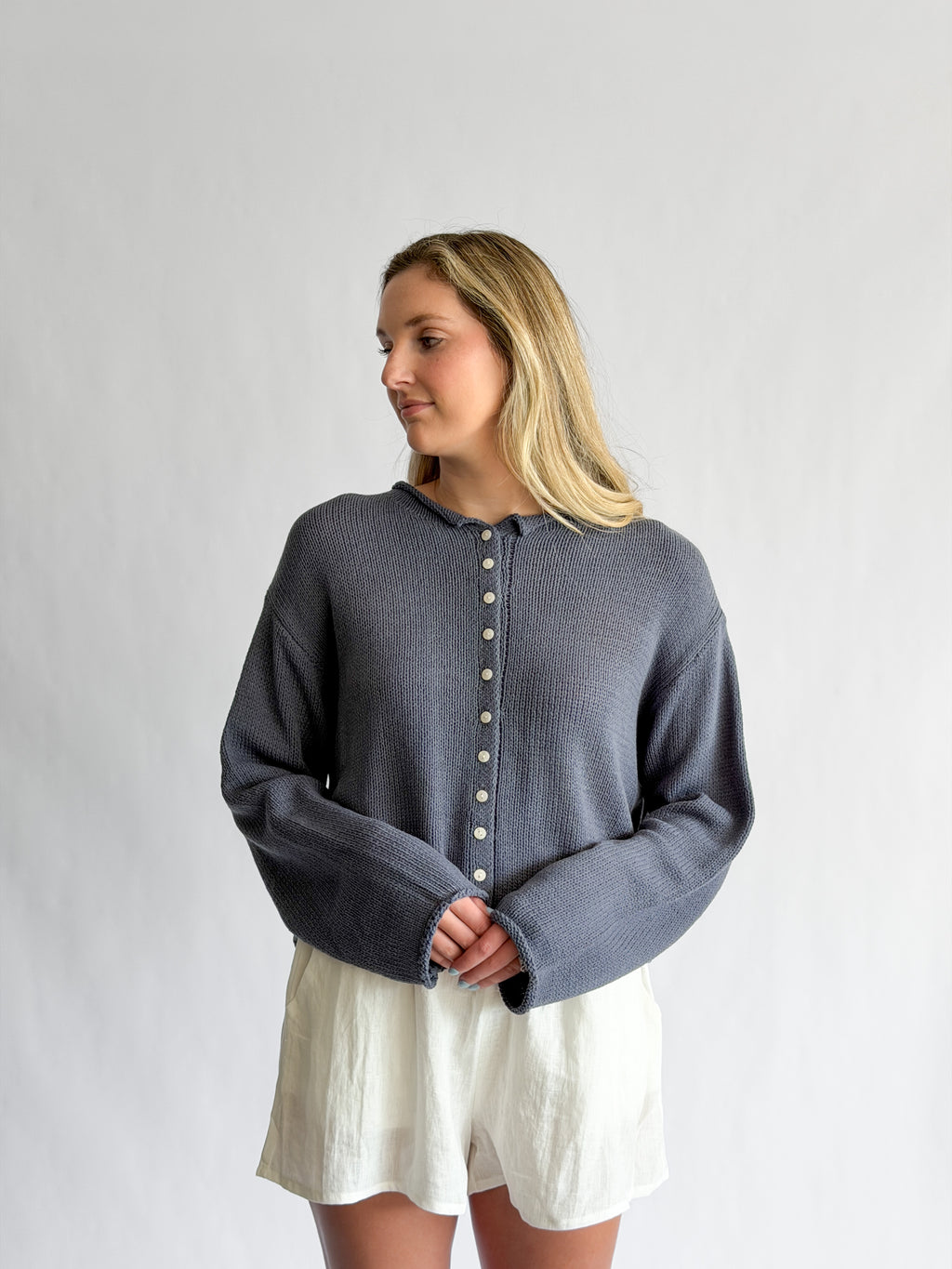 Miou Muse Wyatt Dusty Blue Woven Knit Buttoned Cardigan