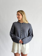 Miou Muse Wyatt Dusty Blue Woven Knit Buttoned Cardigan