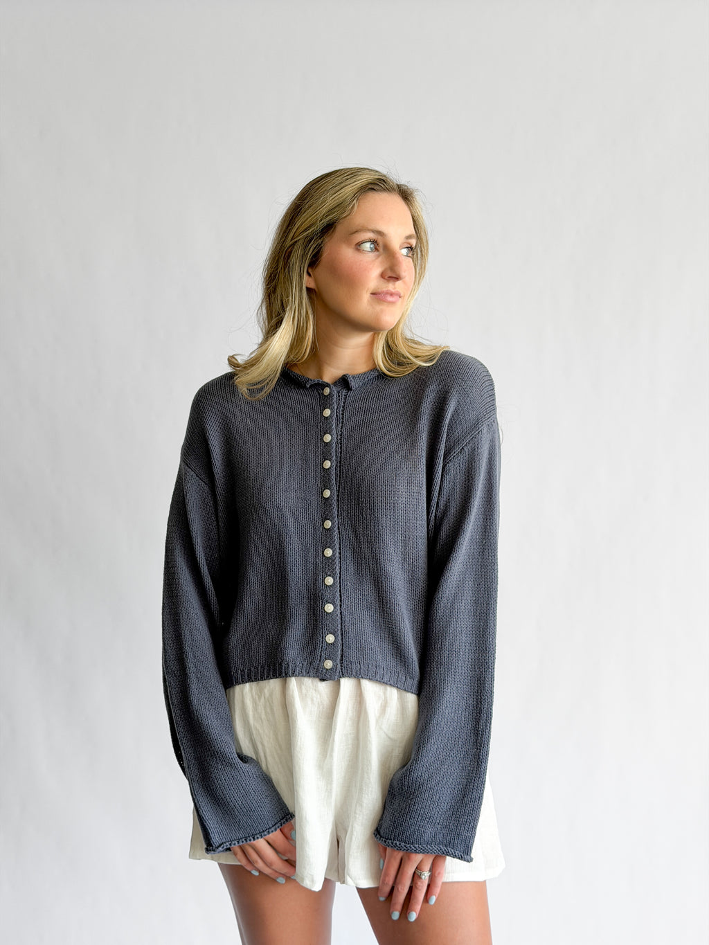 Miou Muse Wyatt Dusty Blue Woven Knit Buttoned Cardigan