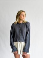 Miou Muse Wyatt Dusty Blue Woven Knit Buttoned Cardigan