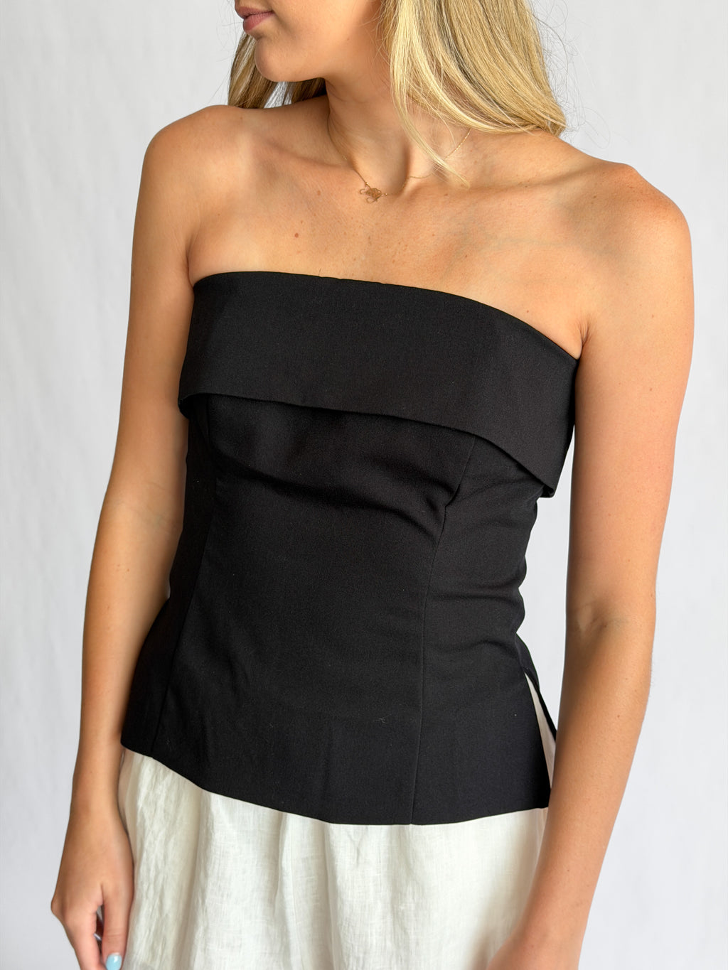Vivian Black Fold Over Strapless Side Slit Top