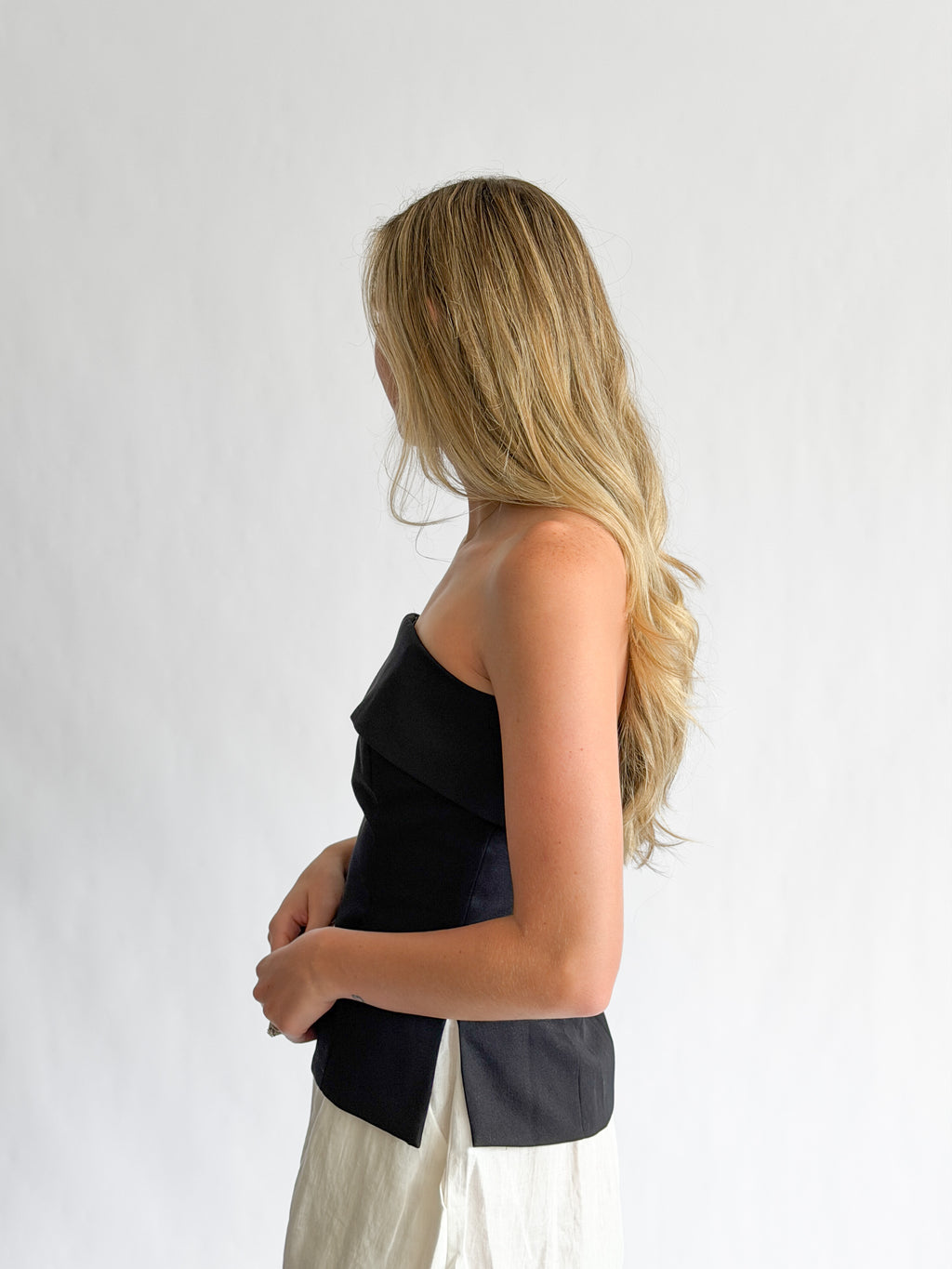 Vivian Black Fold Over Strapless Side Slit Top