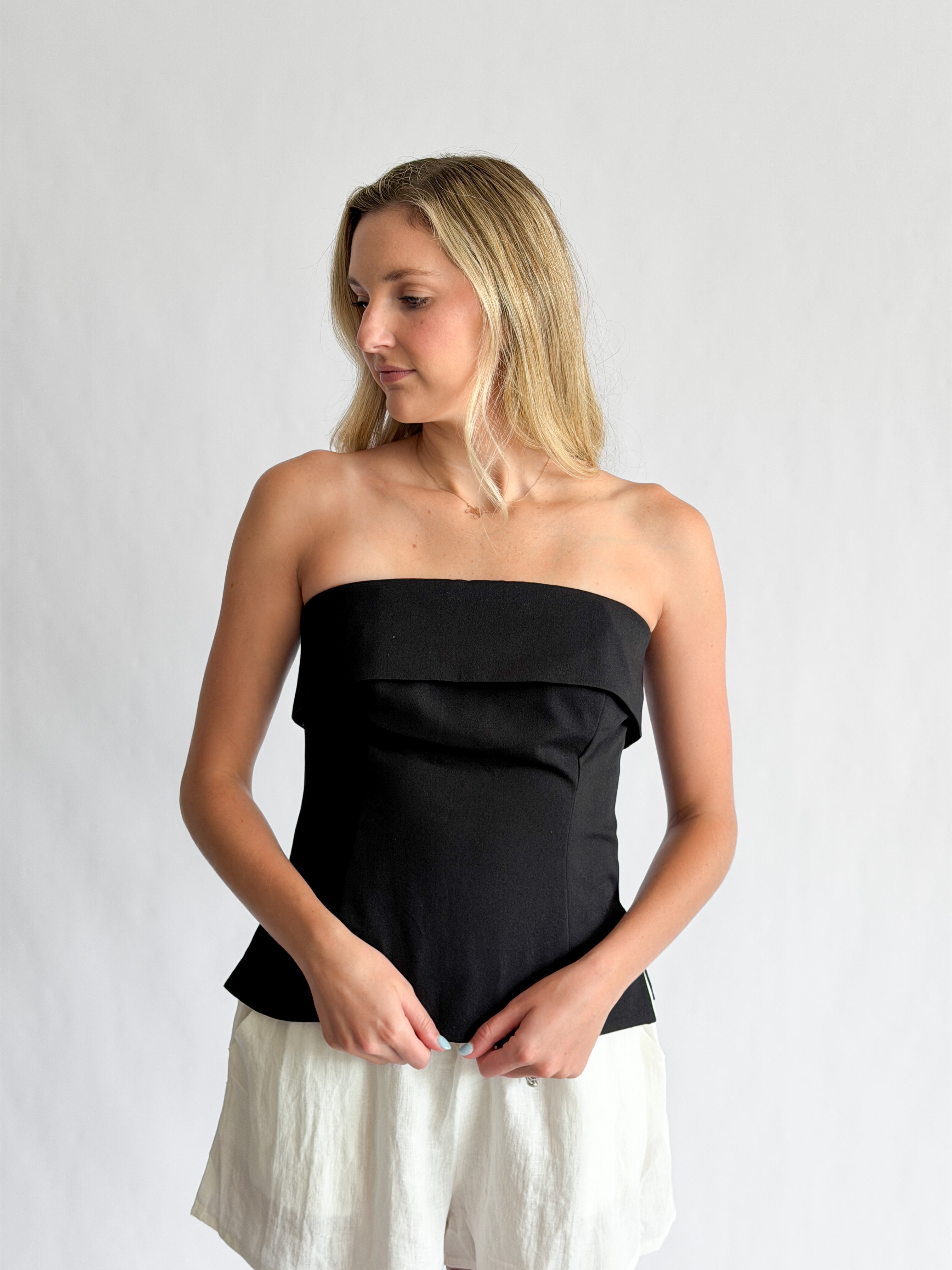 Vivian Black Fold Over Strapless Side Slit Top