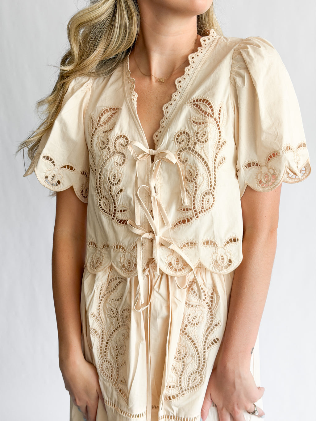 Vera Cream Short Sleeve Eyelet Detail Tie Top