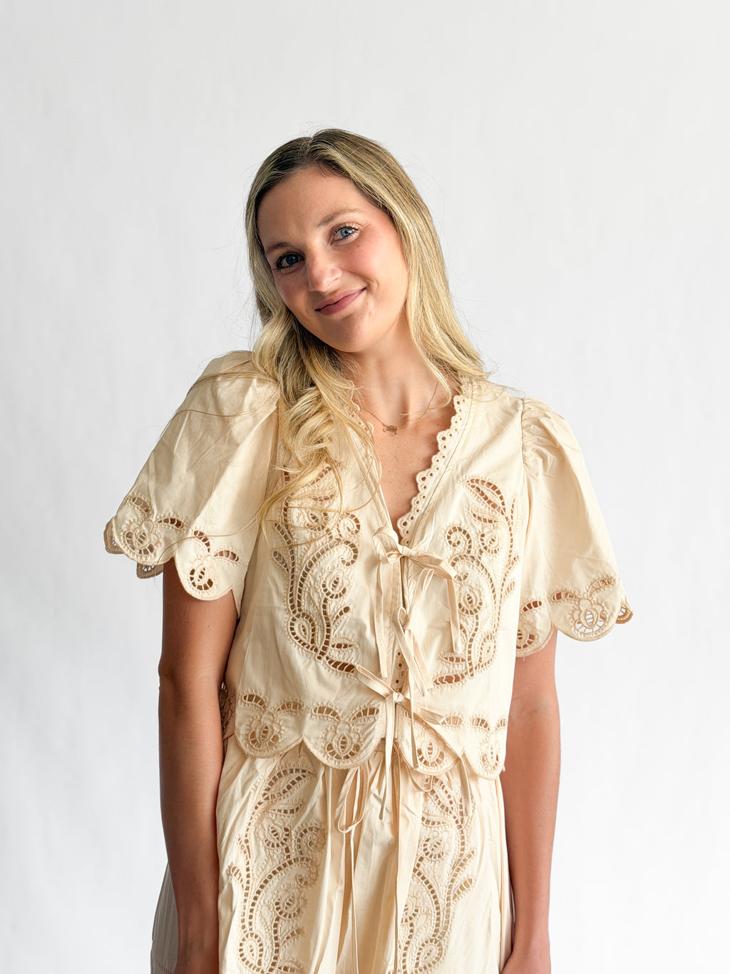 Vera Cream Short Sleeve Eyelet Detail Tie Top