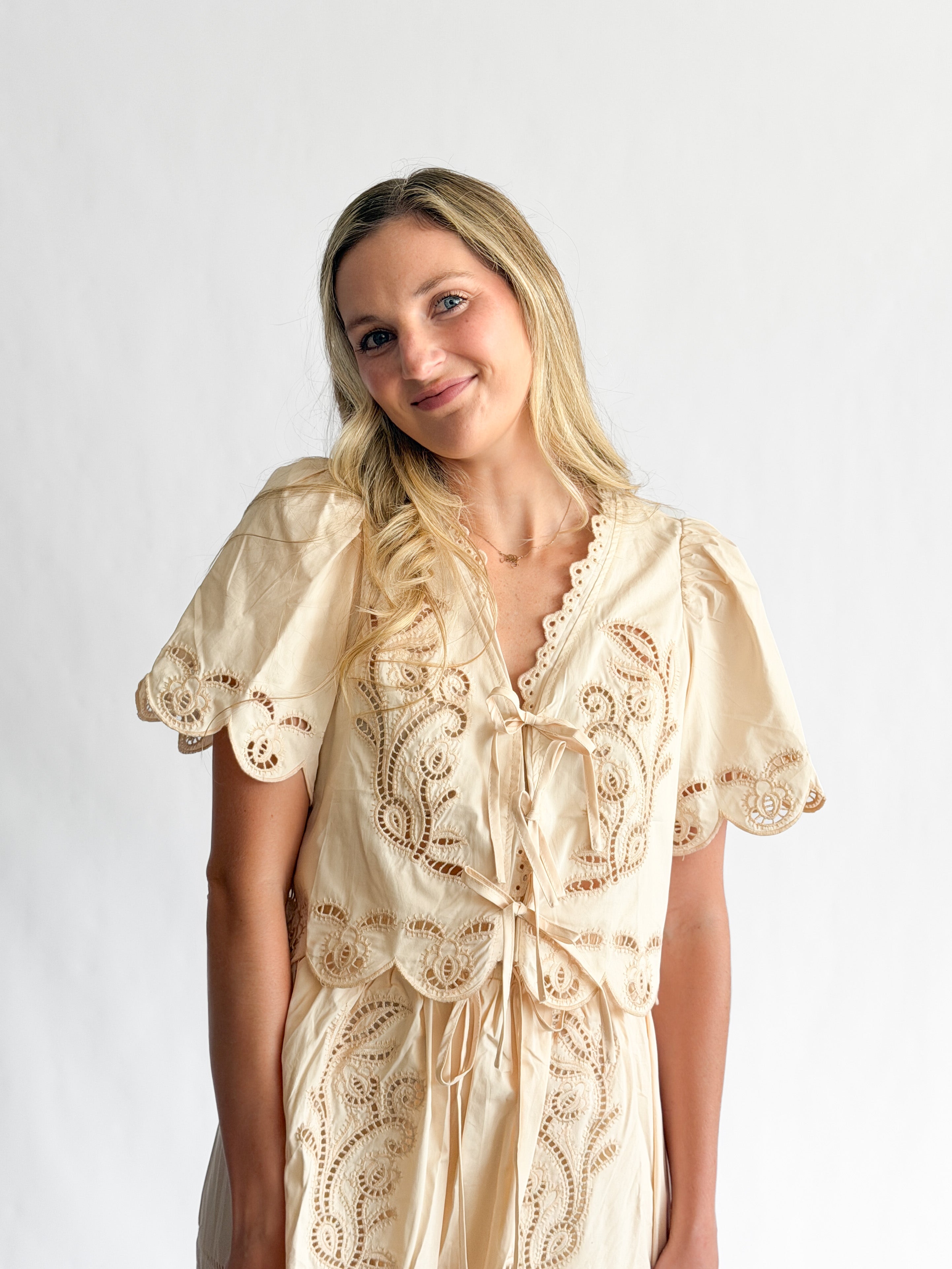 Vera Cream Short Sleeve Eyelet Detail Tie Top