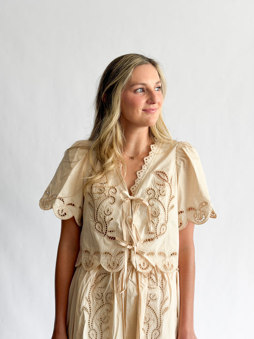 Vera Cream Short Sleeve Eyelet Detail Tie Top