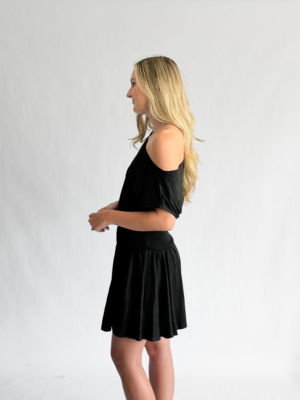 By Together Ursula Black Knit Spandex Asymmetrical Mini Dress