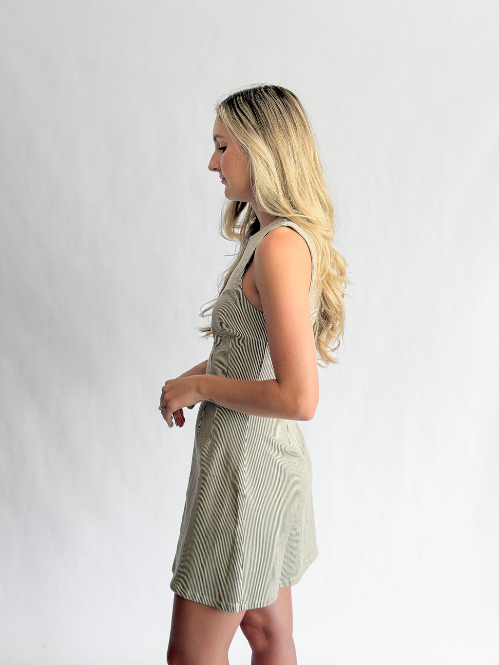 Valerie Brown Stripe Cotton Pintuck Sleeveless Mini Dress